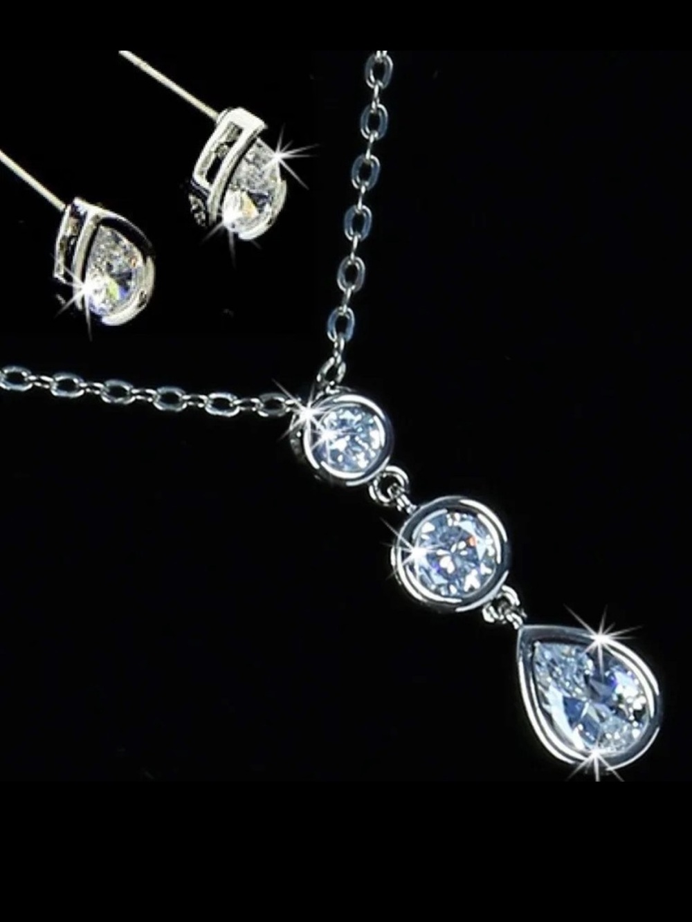 New Pear Round Cut Cz Silver Bezel Set drop Pendant chain Necklace stud Earrings